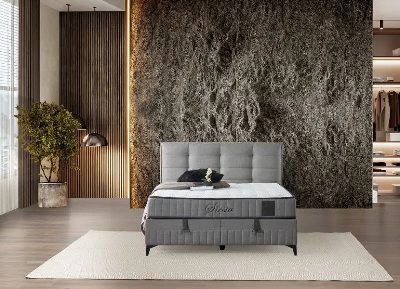 Pat tapitat gri cu somiera; spatiu pentru depozitare si saltea (160x200cm) SIYESTA