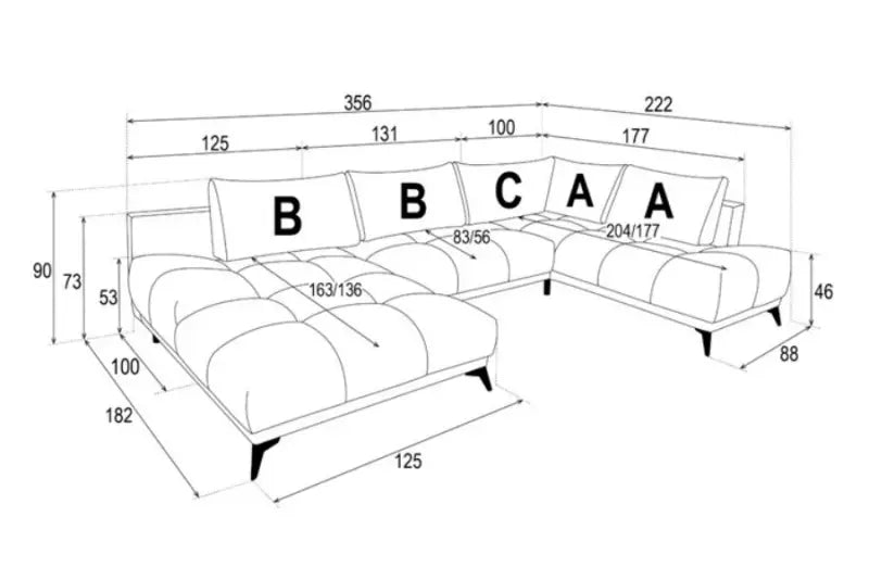 Coltar extensibil FELIPE U cu lada pentru depozitare; personalizabil 182x356x222cm