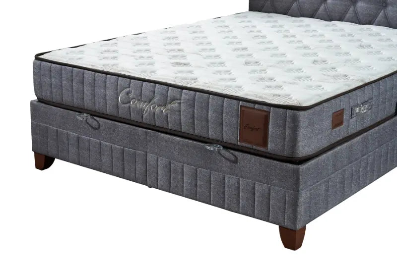 Pat tapitat gri cu somiera; spatiu pentru depozitare si saltea (180x200cm) CONFORT