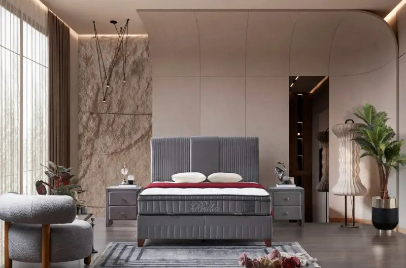 Pat tapitat cu saltea si spatiu pentru depozitare BELLA (160x200cm) grey