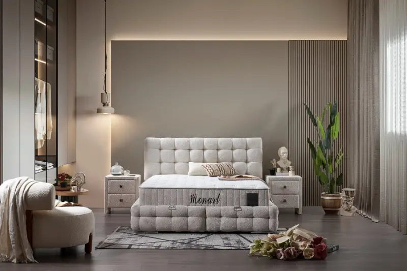 Pat tapitat beige cu somiera; spatiu pentru depozitare si saltea (180x200cm) MONART