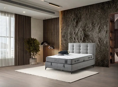 Pat tapitat gri cu somiera; spatiu pentru depozitare si saltea (180x200cm) SIYESTA