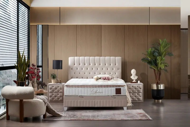 Pat tapitat beige cu somiera; spatiu pentru depozitare si saltea (180x200cm) LEXUS
