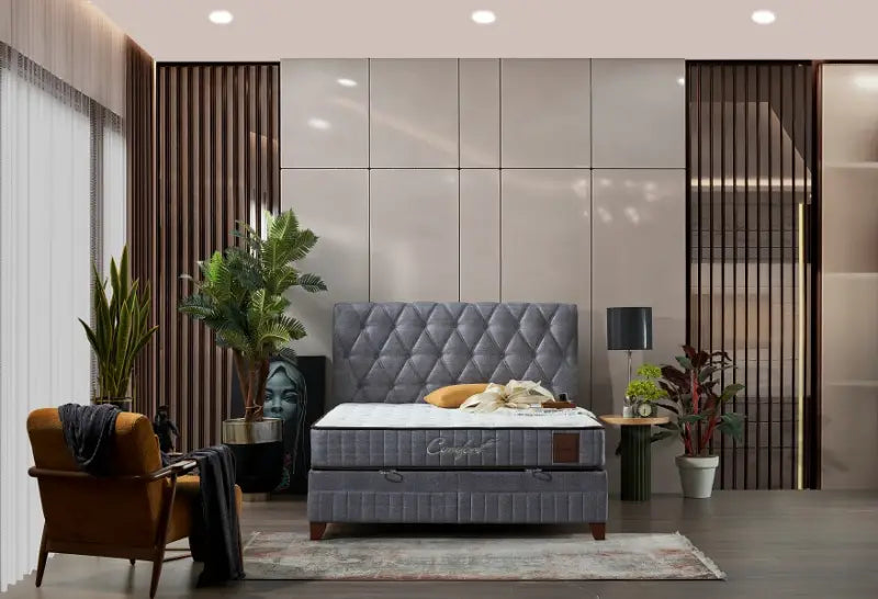 Pat tapitat cu saltea si spatiu pentru depozitare COMFORT (160x200cm) grey