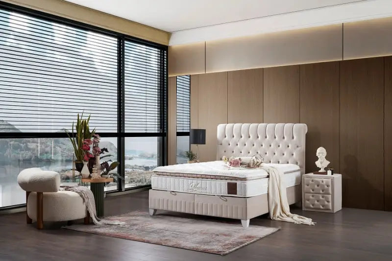 Pat tapitat beige cu somiera; spatiu pentru depozitare si saltea (180x200cm) LEXUS