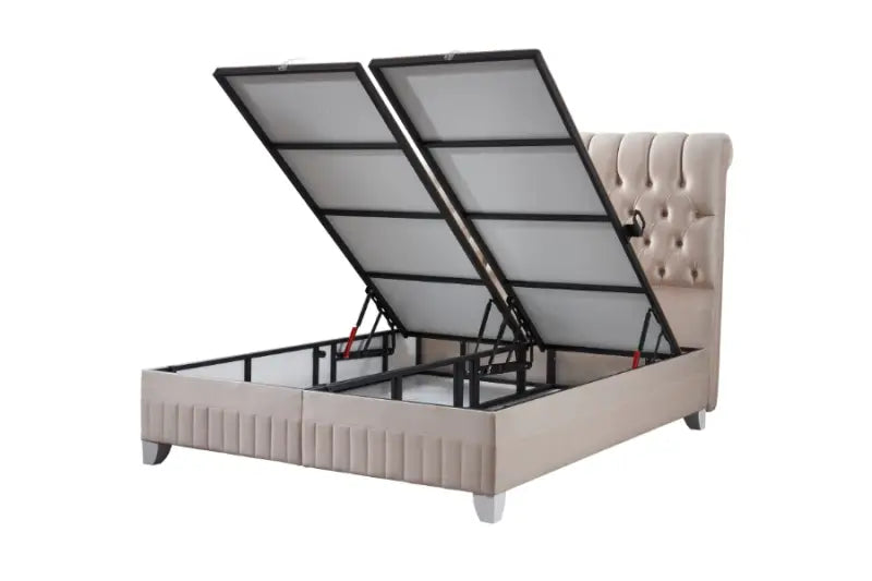 Pat tapitat beige cu somiera; spatiu pentru depozitare si saltea (180x200cm) LEXUS