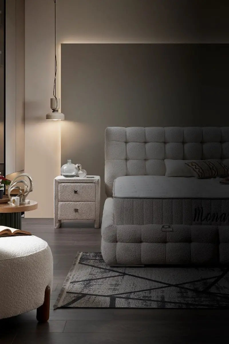 Pat tapitat beige cu somiera; spatiu pentru depozitare si saltea (160x200cm) MONART