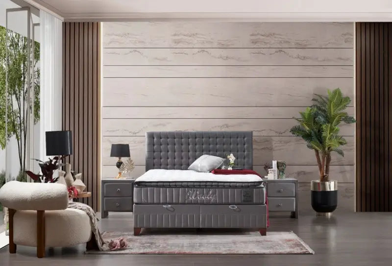 Pat tapitat cu saltea si spatiu pentru depozitare WOLLY (180x200cm) grey