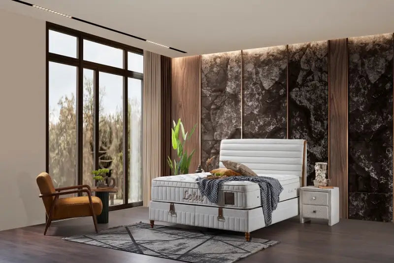 Pat tapitat crem cu somiera; spatiu pentru depozitare si saltea (160x200cm) LOTUS